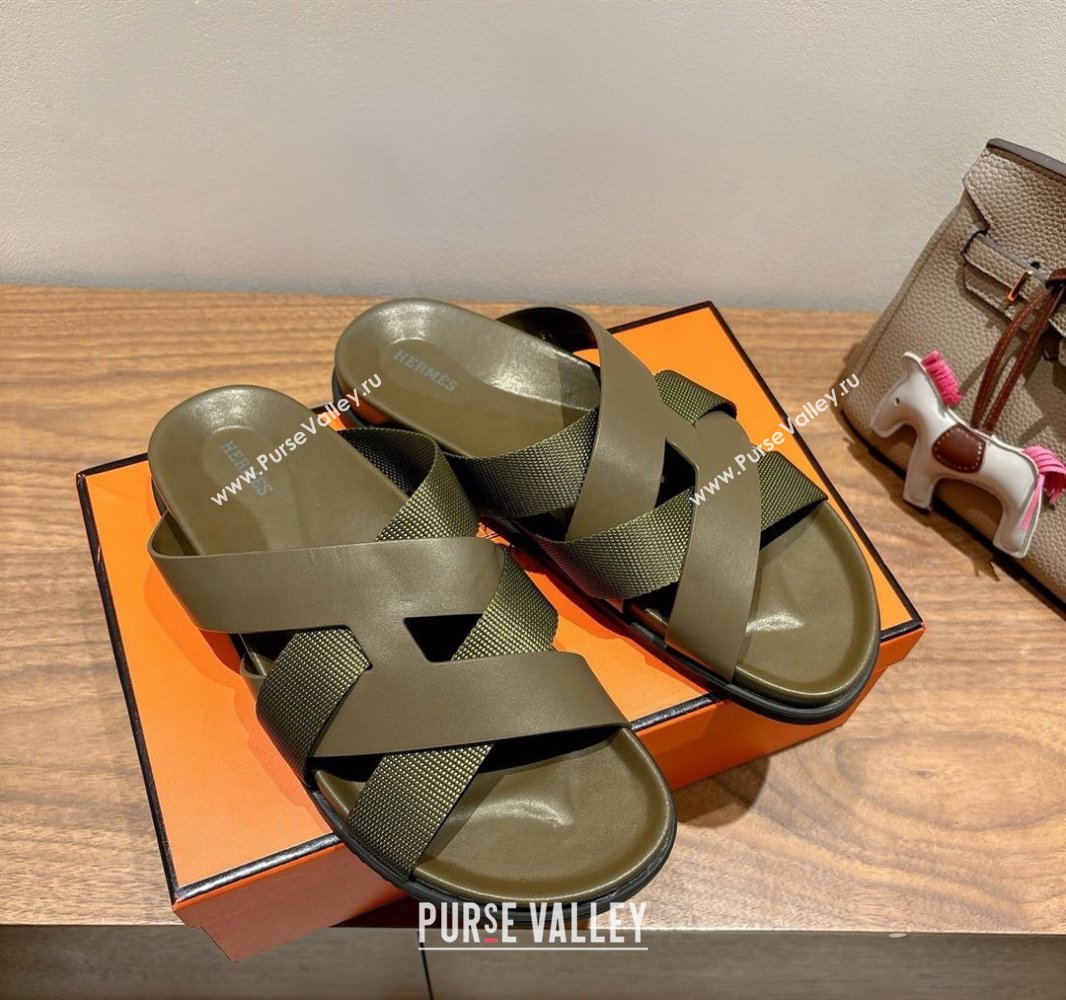 Hermes Kazimir Flat Slides Sandal in Woven Ribbon and Calfskin Leather All Green 2025 0419 (XC-250419073)