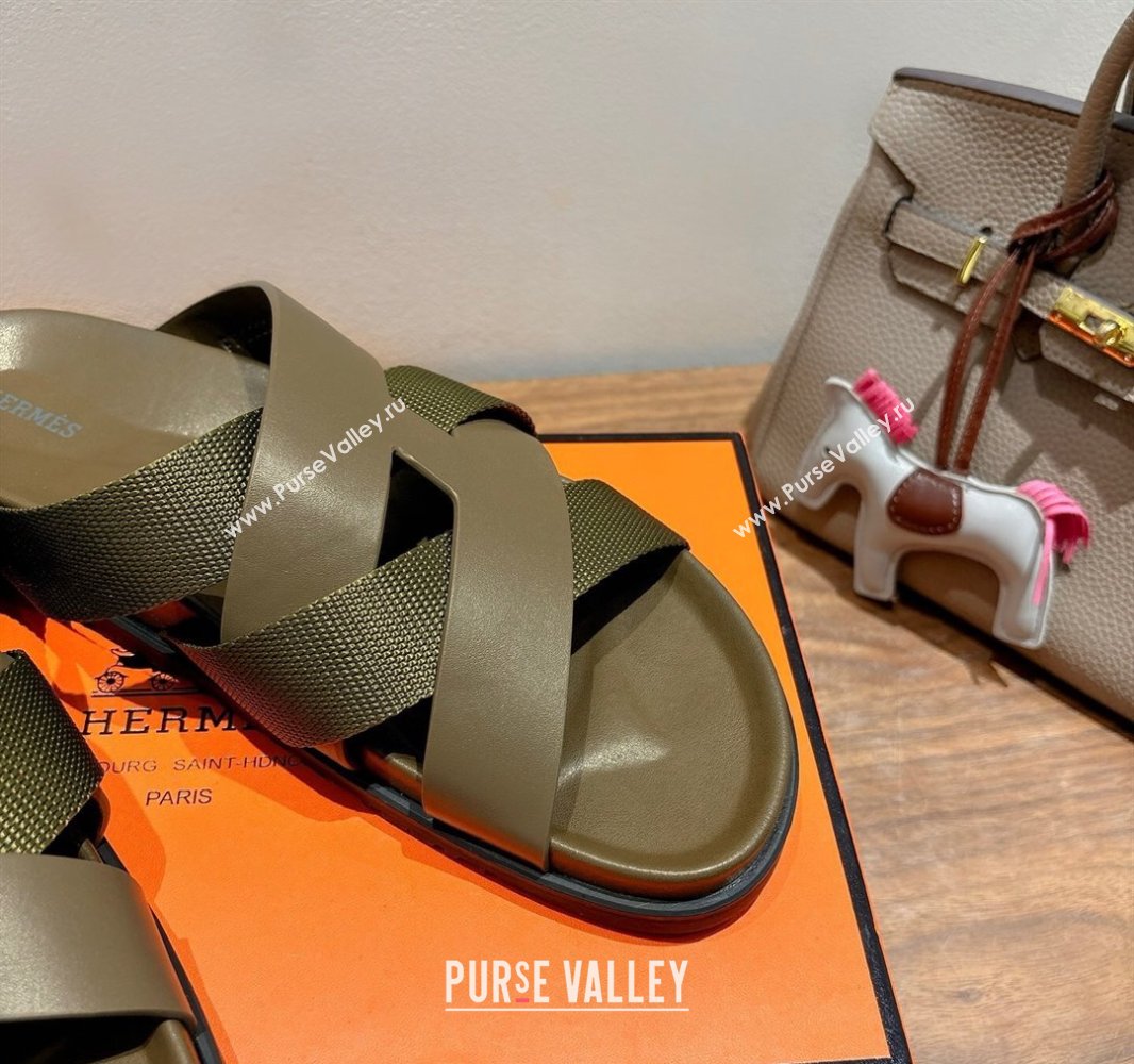 Hermes Kazimir Flat Slides Sandal in Woven Ribbon and Calfskin Leather All Green 2025 0419 (XC-250419073)