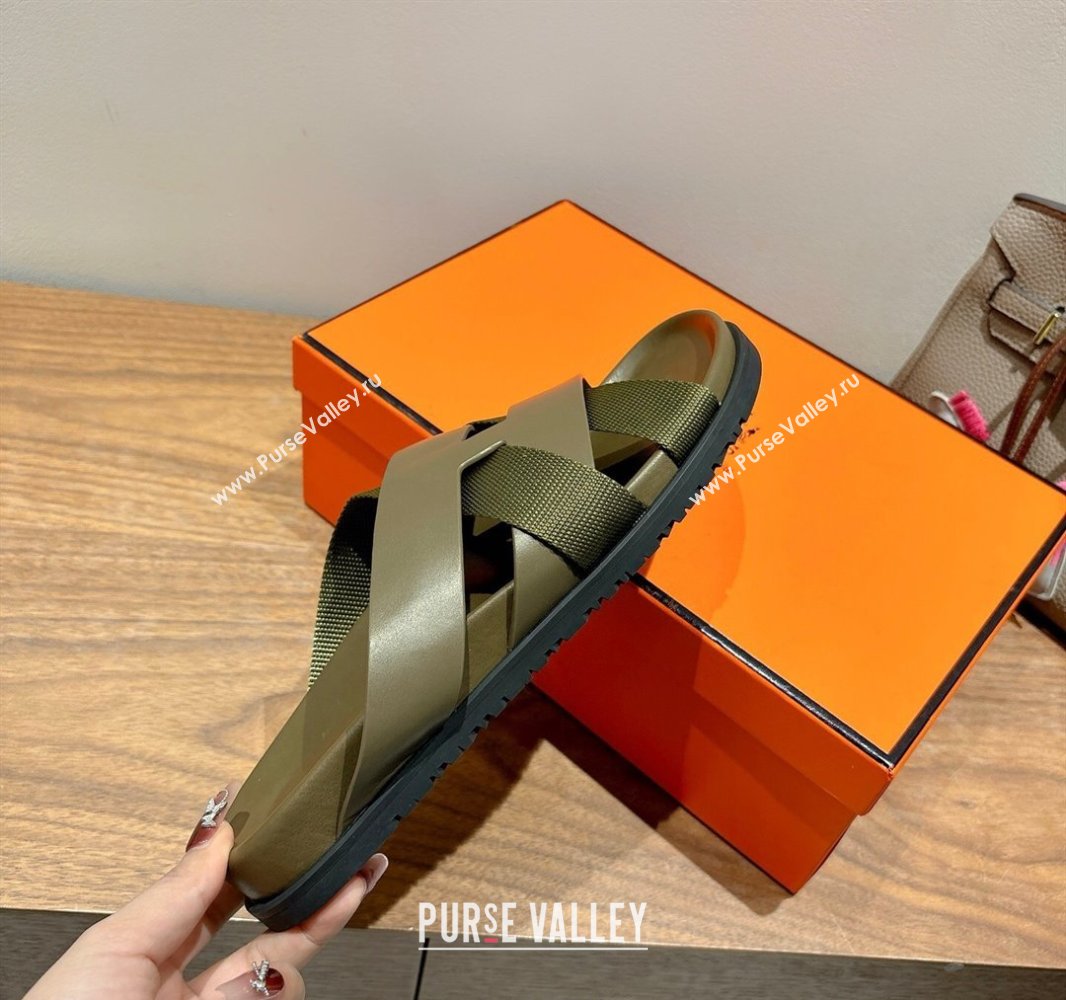 Hermes Kazimir Flat Slides Sandal in Woven Ribbon and Calfskin Leather All Green 2025 0419 (XC-250419073)