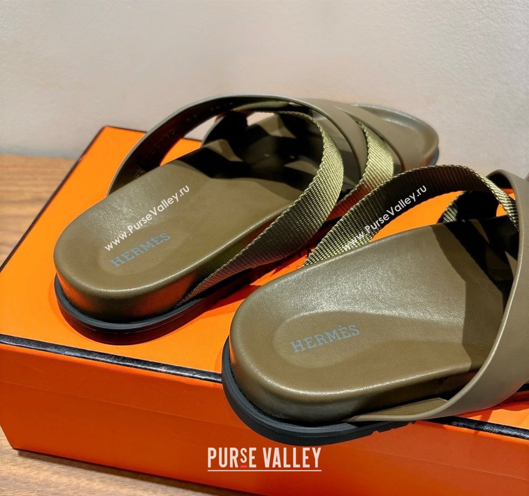 Hermes Kazimir Flat Slides Sandal in Woven Ribbon and Calfskin Leather All Green 2025 0419 (XC-250419073)