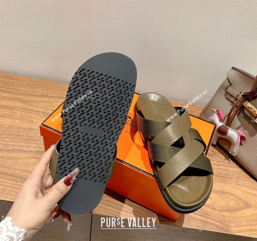 Hermes Kazimir Flat Slides Sandal in Woven Ribbon and Calfskin Leather All Green 2025 0419 (XC-250419073)
