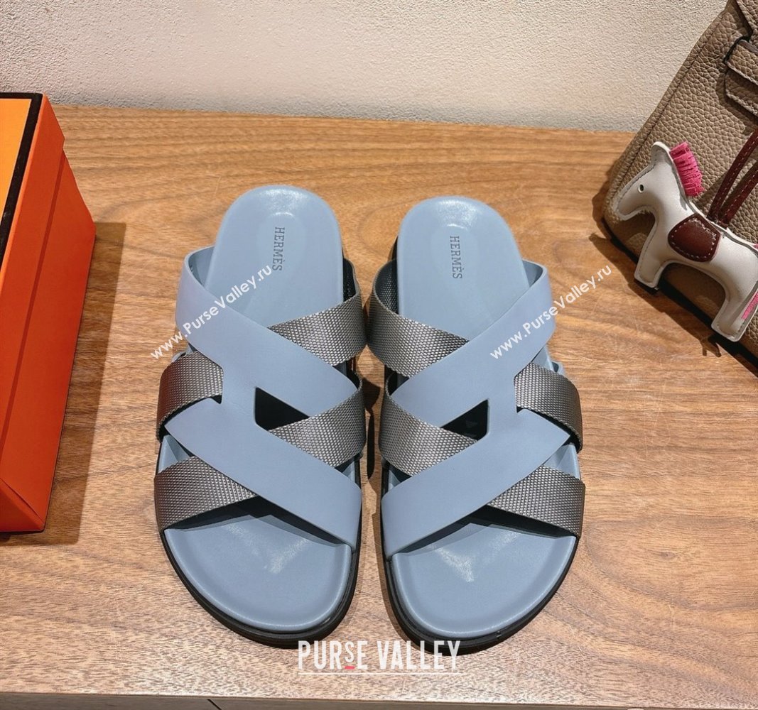 Hermes Kazimir Flat Slides Sandal in Woven Ribbon and Calfskin Leather Light Blue/Grey 2025 0419 (XC-250419074)