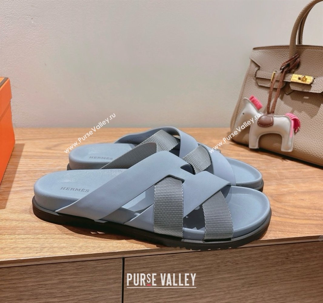 Hermes Kazimir Flat Slides Sandal in Woven Ribbon and Calfskin Leather Light Blue/Grey 2025 0419 (XC-250419074)