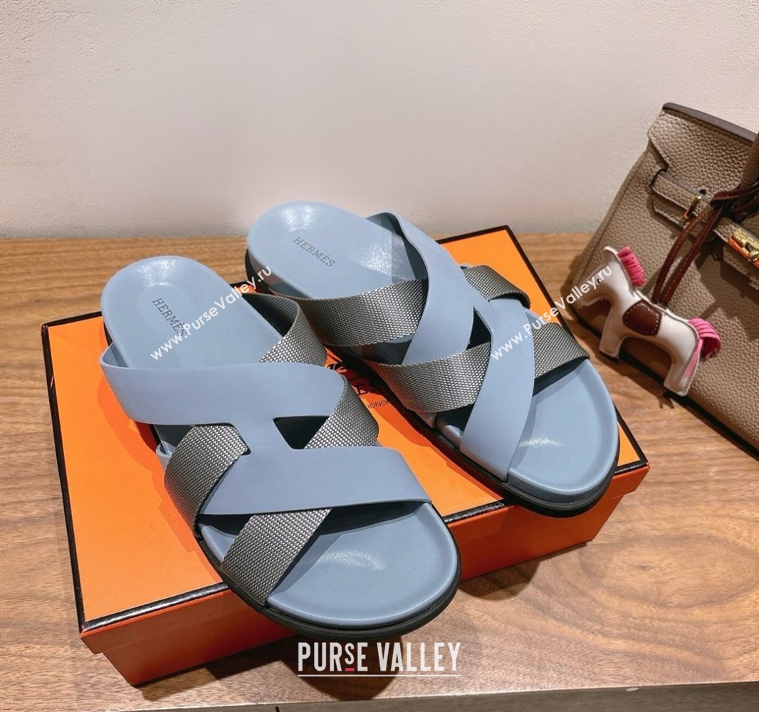 Hermes Kazimir Flat Slides Sandal in Woven Ribbon and Calfskin Leather Light Blue/Grey 2025 0419 (XC-250419074)