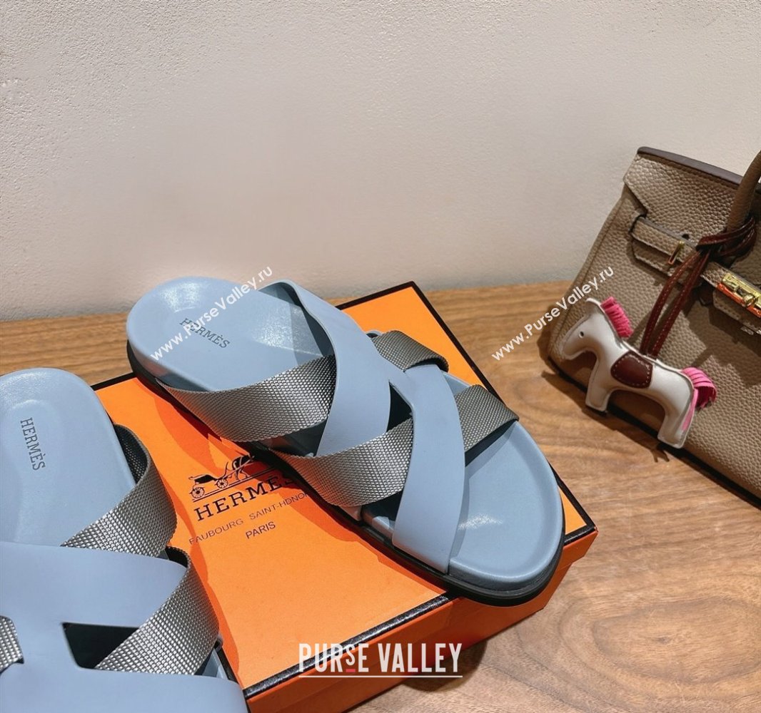 Hermes Kazimir Flat Slides Sandal in Woven Ribbon and Calfskin Leather Light Blue/Grey 2025 0419 (XC-250419074)