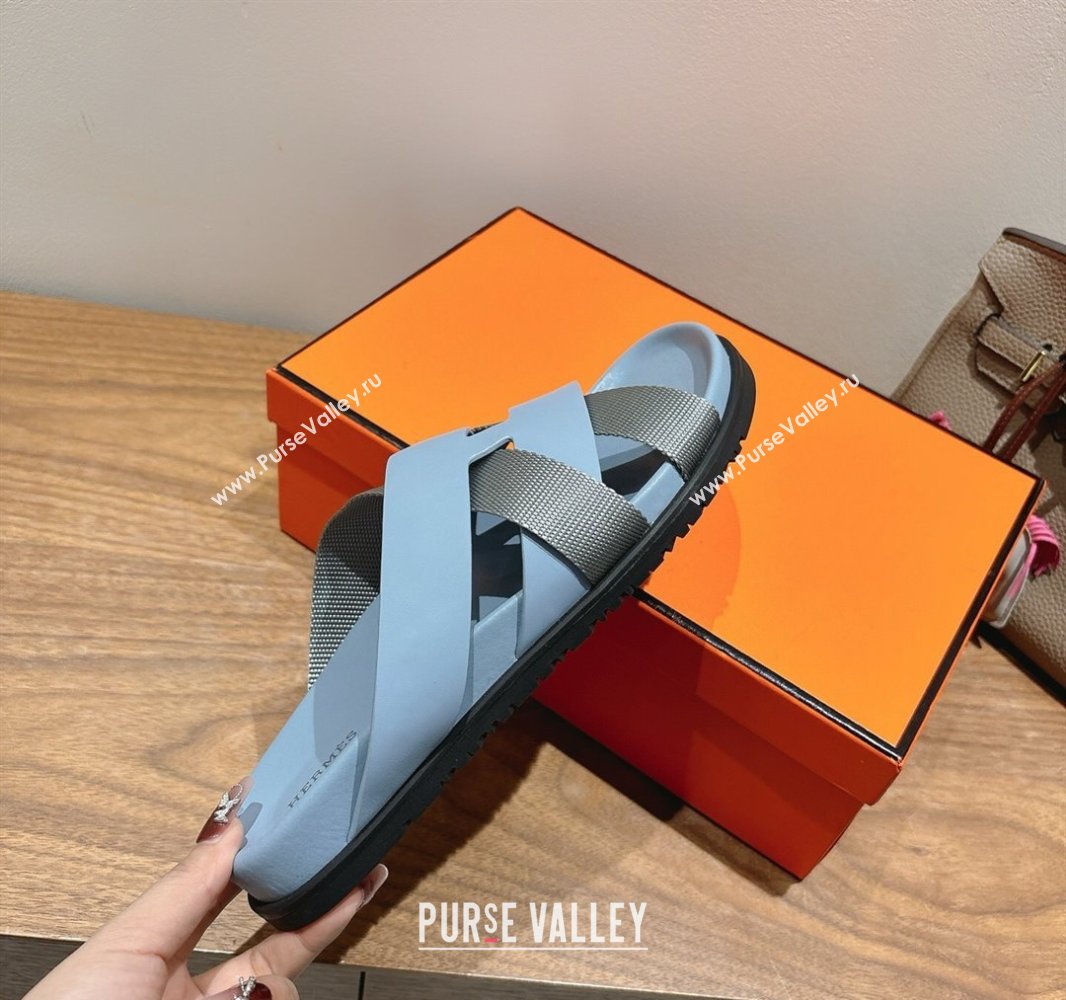 Hermes Kazimir Flat Slides Sandal in Woven Ribbon and Calfskin Leather Light Blue/Grey 2025 0419 (XC-250419074)