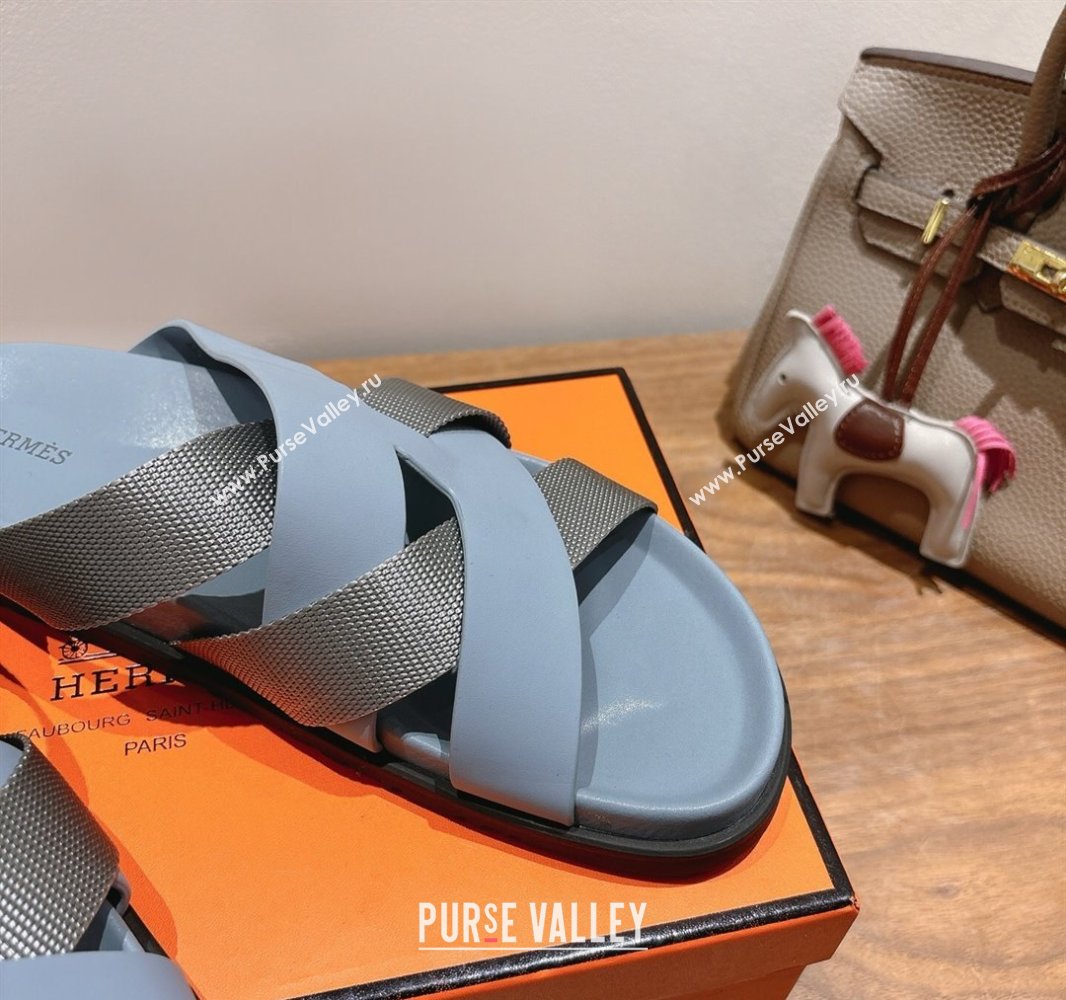 Hermes Kazimir Flat Slides Sandal in Woven Ribbon and Calfskin Leather Light Blue/Grey 2025 0419 (XC-250419074)