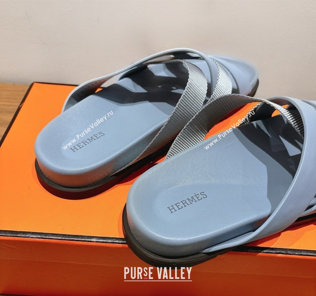 Hermes Kazimir Flat Slides Sandal in Woven Ribbon and Calfskin Leather Light Blue/Grey 2025 0419 (XC-250419074)
