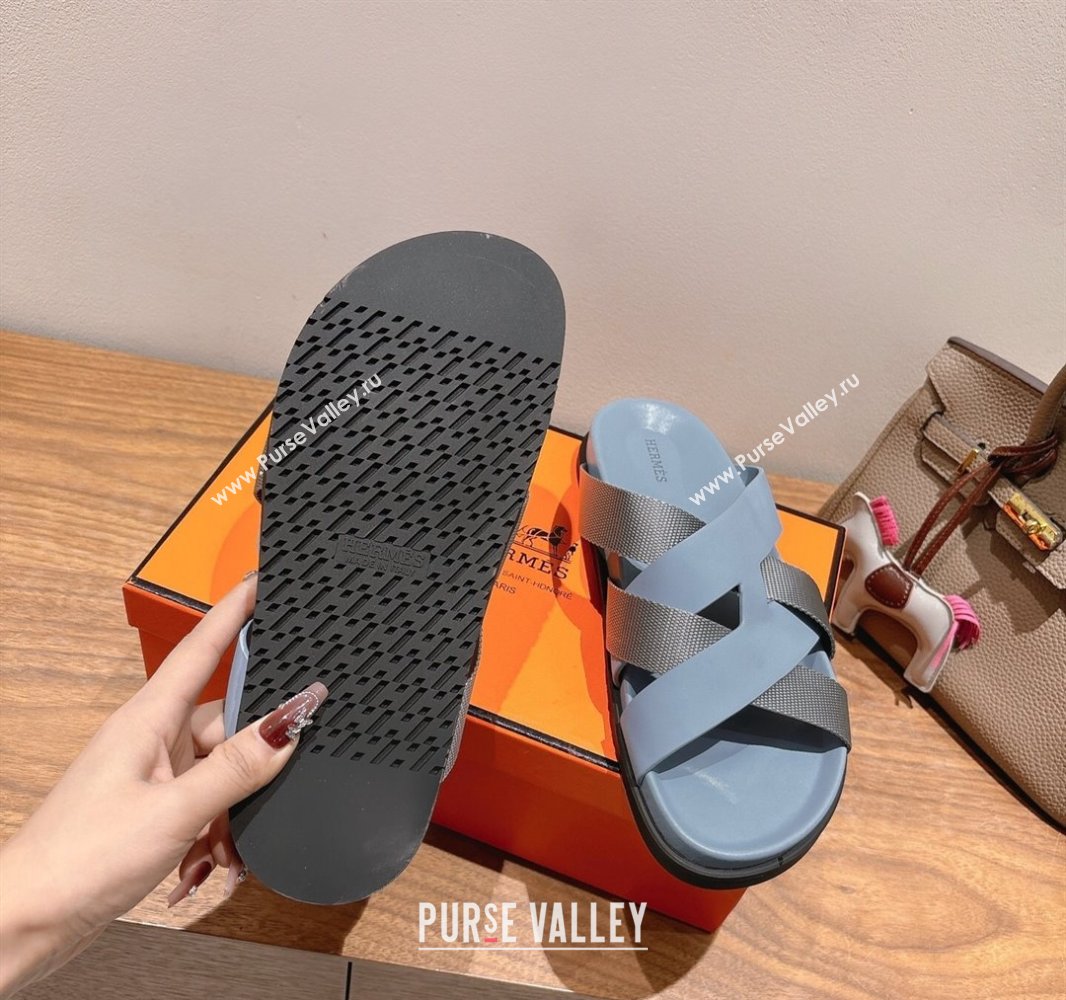 Hermes Kazimir Flat Slides Sandal in Woven Ribbon and Calfskin Leather Light Blue/Grey 2025 0419 (XC-250419074)