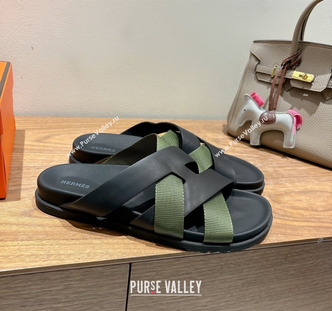 Hermes Kazimir Flat Slides Sandal in Woven Ribbon and Calfskin Leather Black/Green 2025 0419 (XC-250419076)