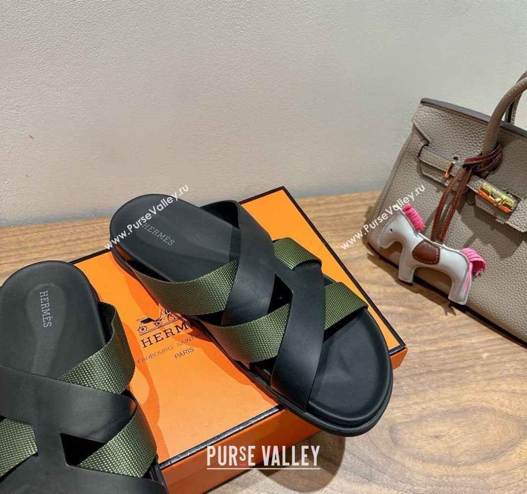 Hermes Kazimir Flat Slides Sandal in Woven Ribbon and Calfskin Leather Black/Green 2025 0419 (XC-250419076)