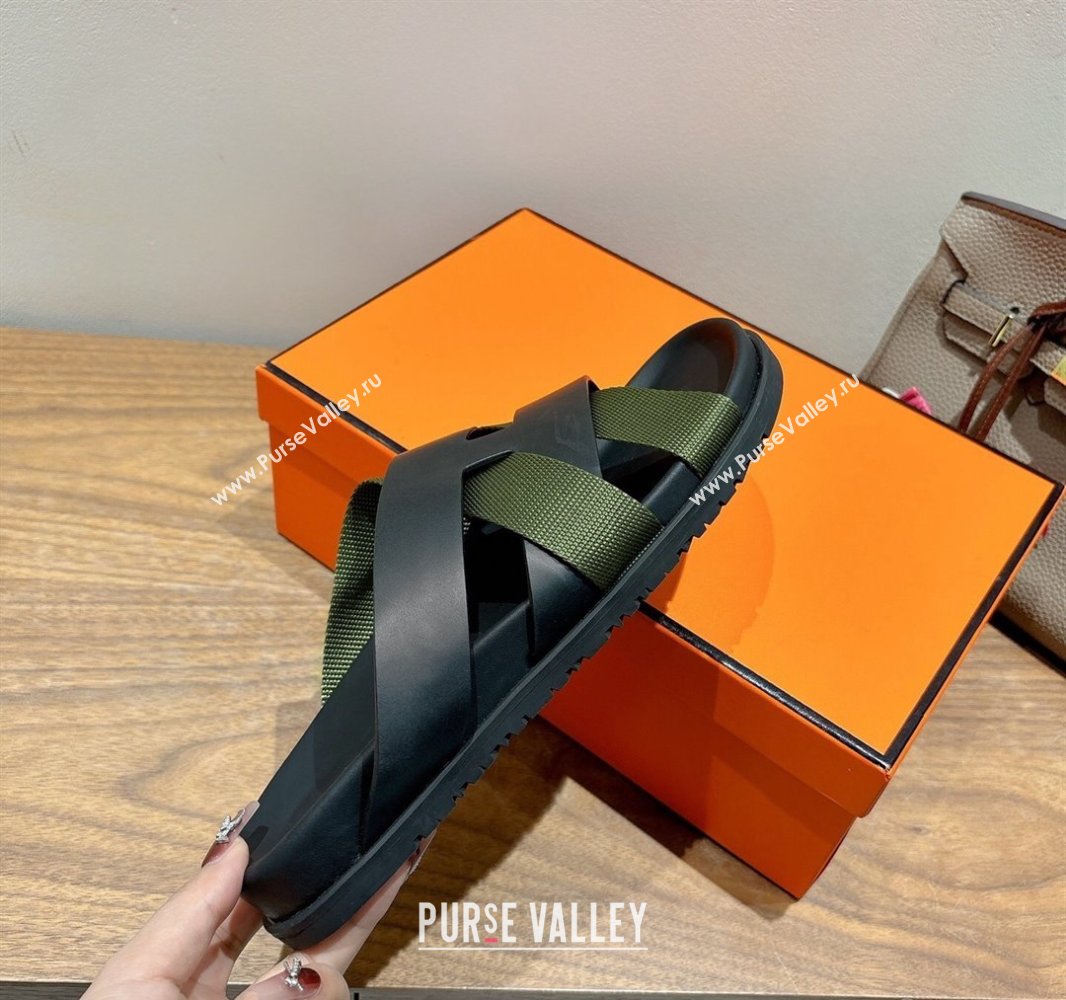Hermes Kazimir Flat Slides Sandal in Woven Ribbon and Calfskin Leather Black/Green 2025 0419 (XC-250419076)