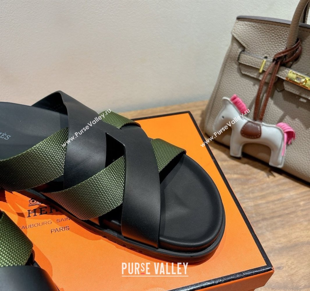 Hermes Kazimir Flat Slides Sandal in Woven Ribbon and Calfskin Leather Black/Green 2025 0419 (XC-250419076)