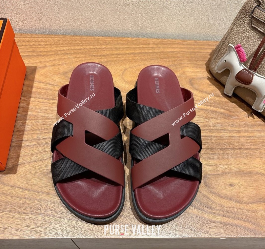 Hermes Kazimir Flat Slides Sandal in Woven Ribbon and Calfskin Leather Burgundy/Black 2025 0419 (XC-250419077)