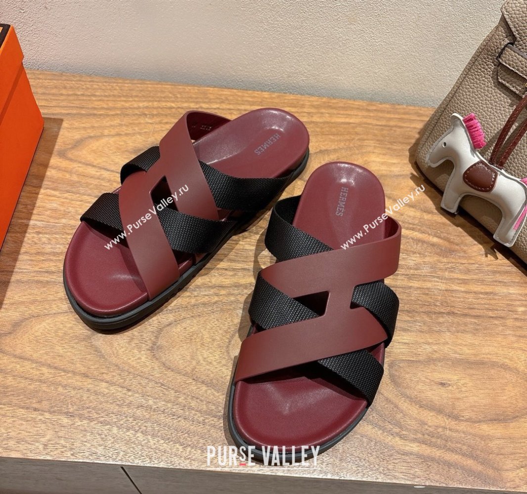 Hermes Kazimir Flat Slides Sandal in Woven Ribbon and Calfskin Leather Burgundy/Black 2025 0419 (XC-250419077)
