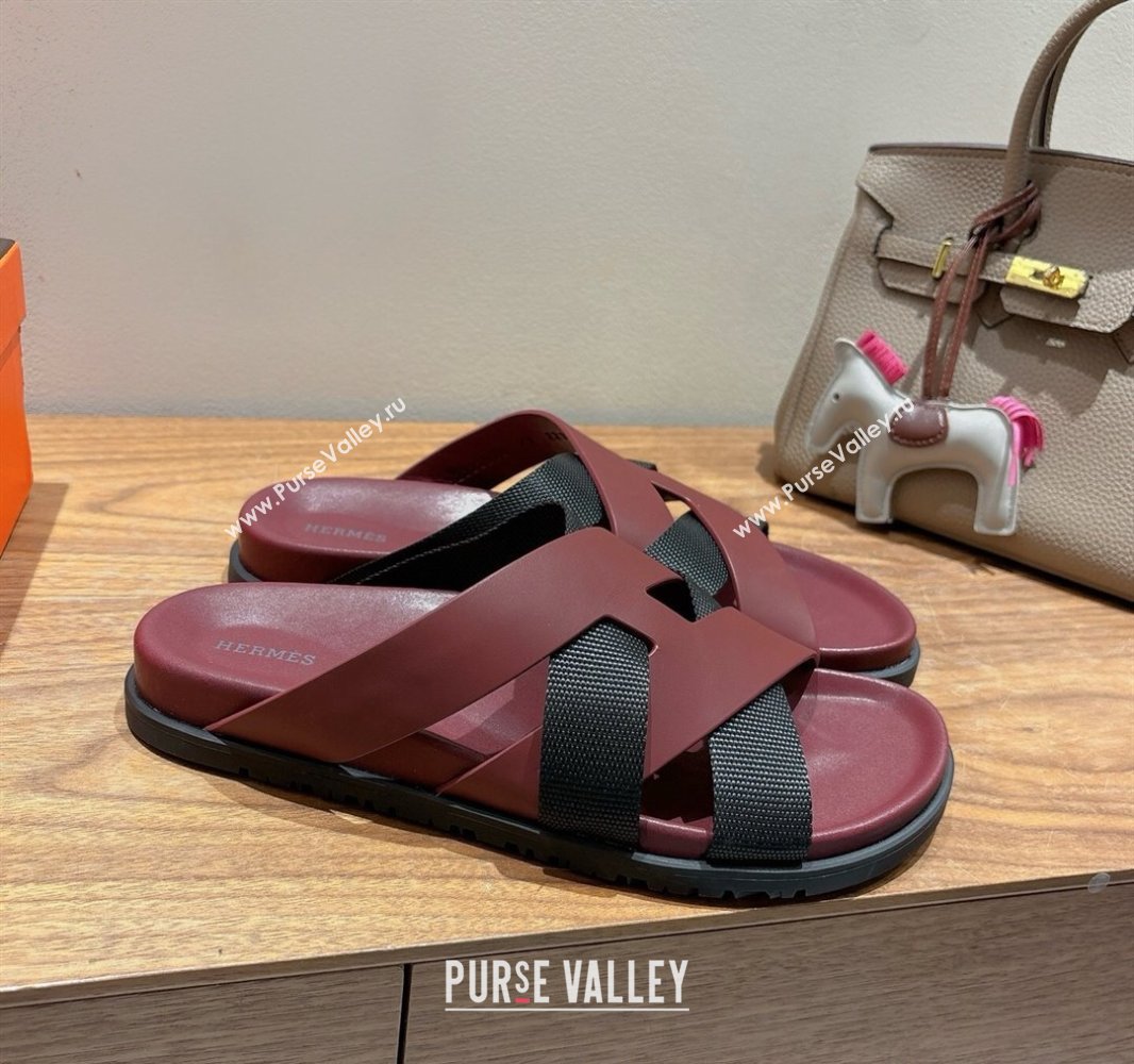 Hermes Kazimir Flat Slides Sandal in Woven Ribbon and Calfskin Leather Burgundy/Black 2025 0419 (XC-250419077)
