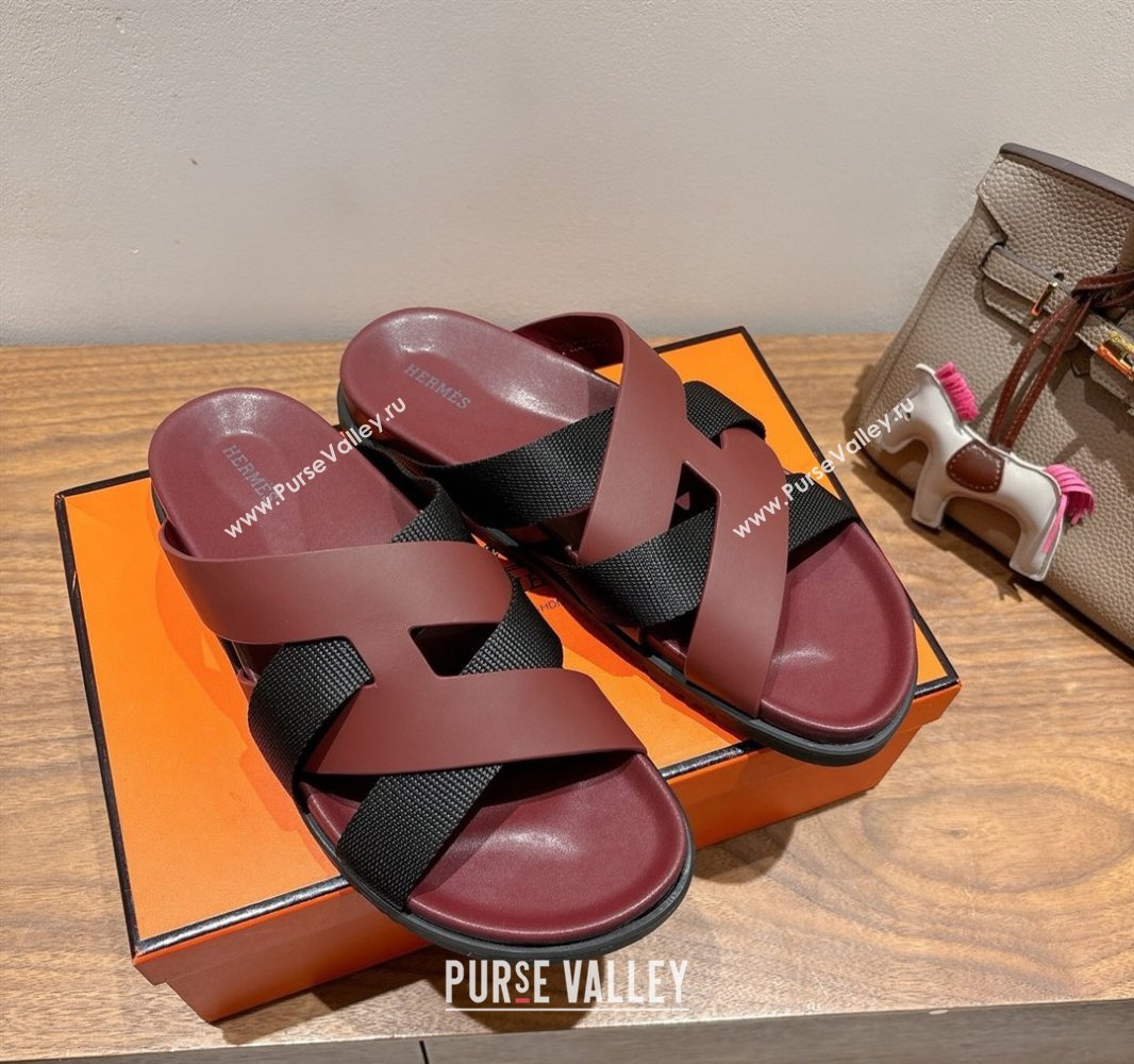 Hermes Kazimir Flat Slides Sandal in Woven Ribbon and Calfskin Leather Burgundy/Black 2025 0419 (XC-250419077)