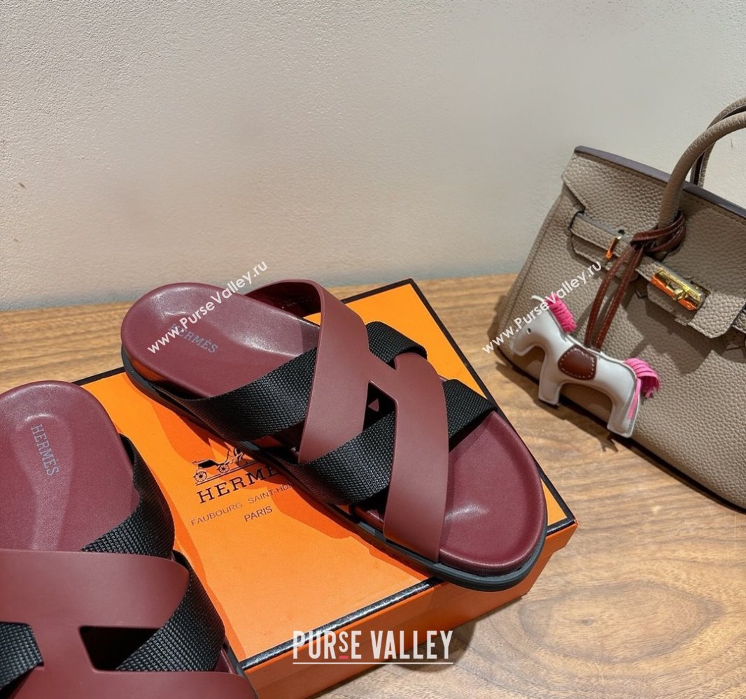Hermes Kazimir Flat Slides Sandal in Woven Ribbon and Calfskin Leather Burgundy/Black 2025 0419 (XC-250419077)