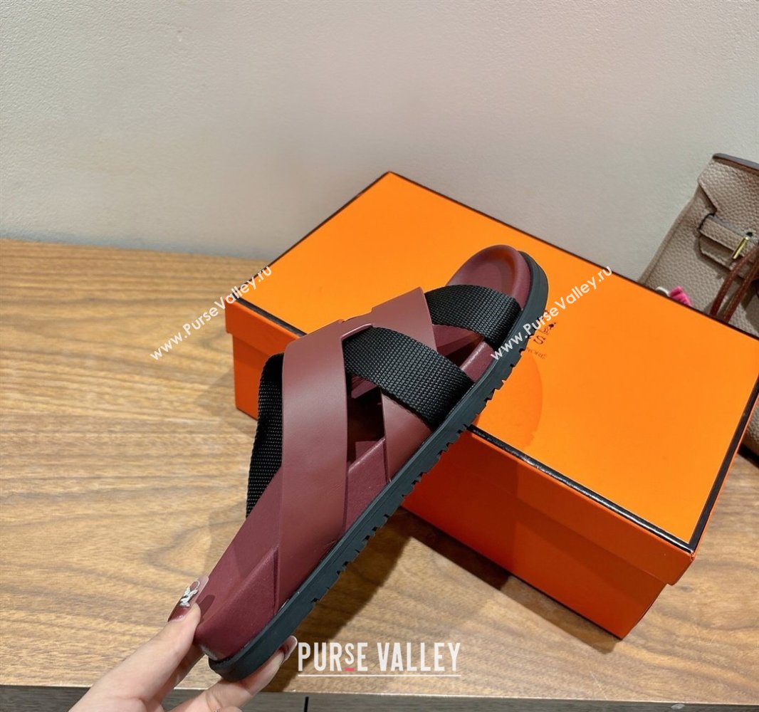 Hermes Kazimir Flat Slides Sandal in Woven Ribbon and Calfskin Leather Burgundy/Black 2025 0419 (XC-250419077)