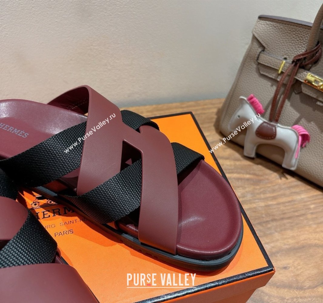 Hermes Kazimir Flat Slides Sandal in Woven Ribbon and Calfskin Leather Burgundy/Black 2025 0419 (XC-250419077)