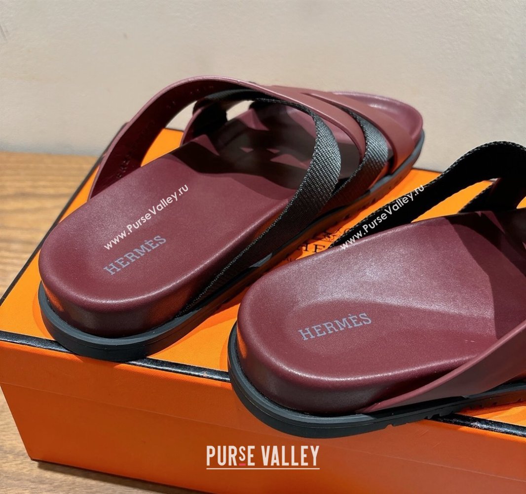 Hermes Kazimir Flat Slides Sandal in Woven Ribbon and Calfskin Leather Burgundy/Black 2025 0419 (XC-250419077)