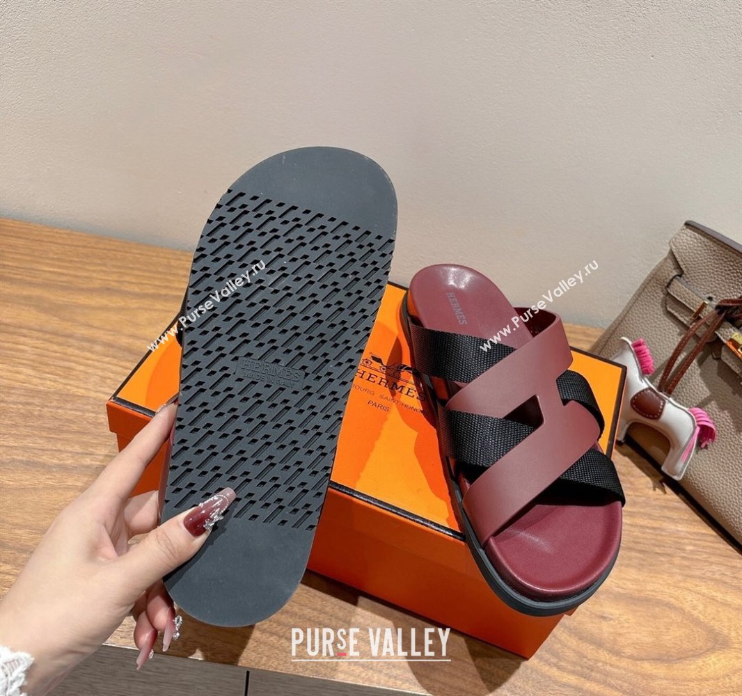 Hermes Kazimir Flat Slides Sandal in Woven Ribbon and Calfskin Leather Burgundy/Black 2025 0419 (XC-250419077)