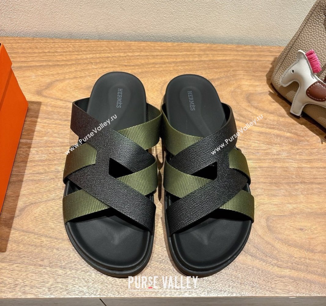 Hermes Kazimir Flat Slides Sandal in Woven Ribbon and Epsom Calfskin Black/Green 2025 0419 (XC-250419067)