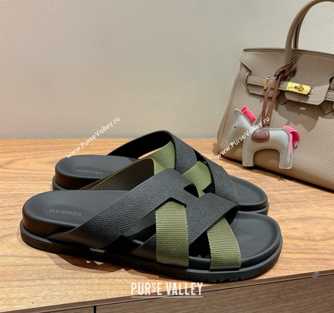 Hermes Kazimir Flat Slides Sandal in Woven Ribbon and Epsom Calfskin Black/Green 2025 0419 (XC-250419067)