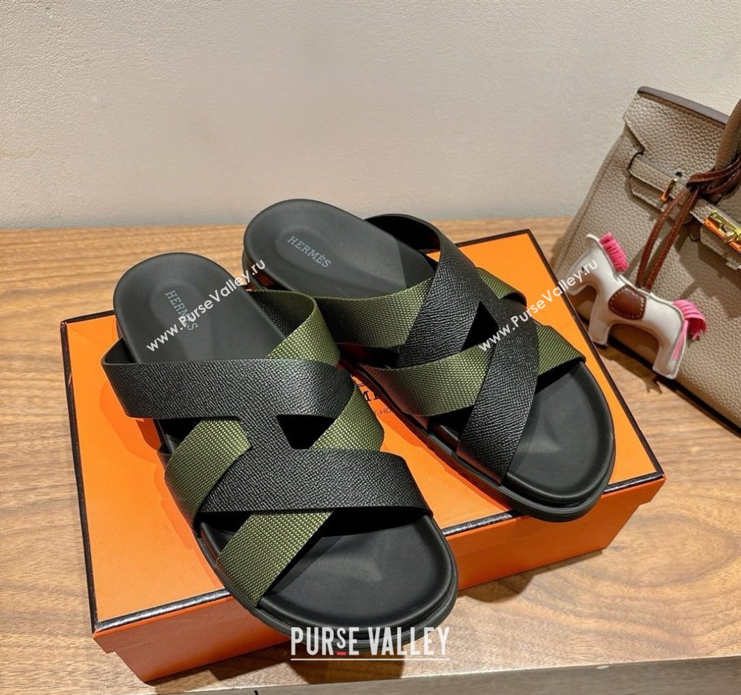 Hermes Kazimir Flat Slides Sandal in Woven Ribbon and Epsom Calfskin Black/Green 2025 0419 (XC-250419067)