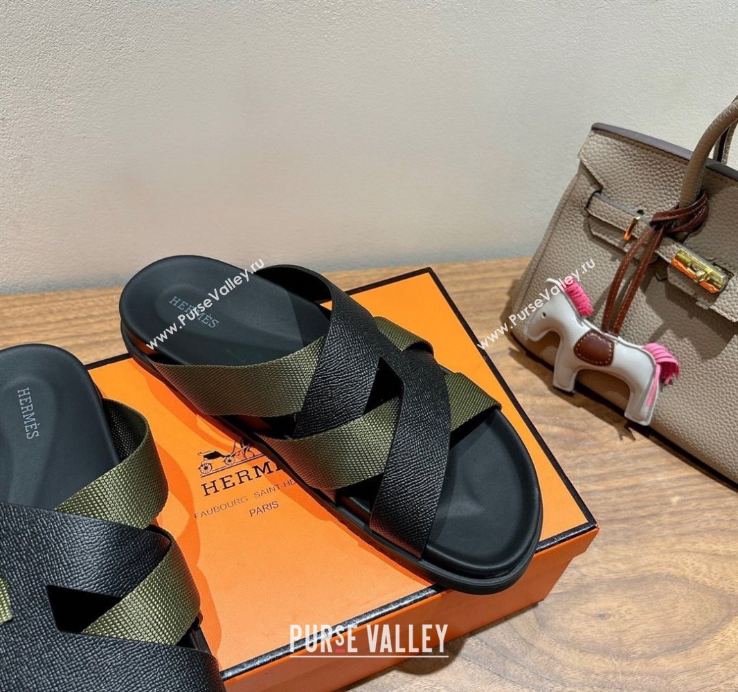 Hermes Kazimir Flat Slides Sandal in Woven Ribbon and Epsom Calfskin Black/Green 2025 0419 (XC-250419067)