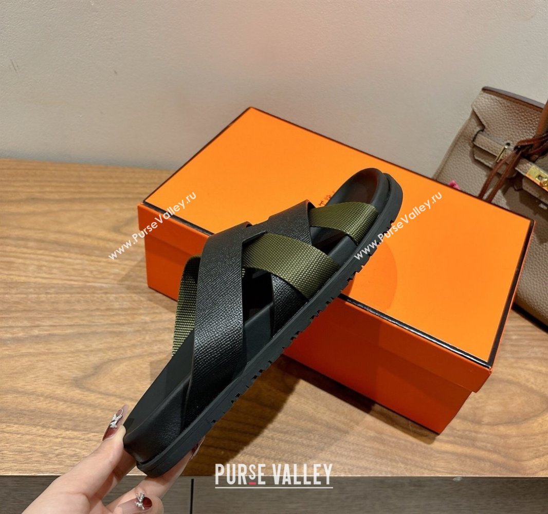 Hermes Kazimir Flat Slides Sandal in Woven Ribbon and Epsom Calfskin Black/Green 2025 0419 (XC-250419067)