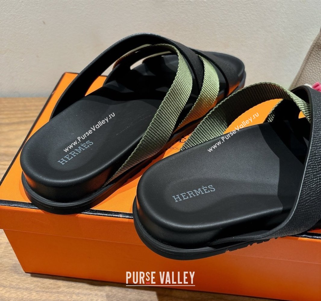 Hermes Kazimir Flat Slides Sandal in Woven Ribbon and Epsom Calfskin Black/Green 2025 0419 (XC-250419067)