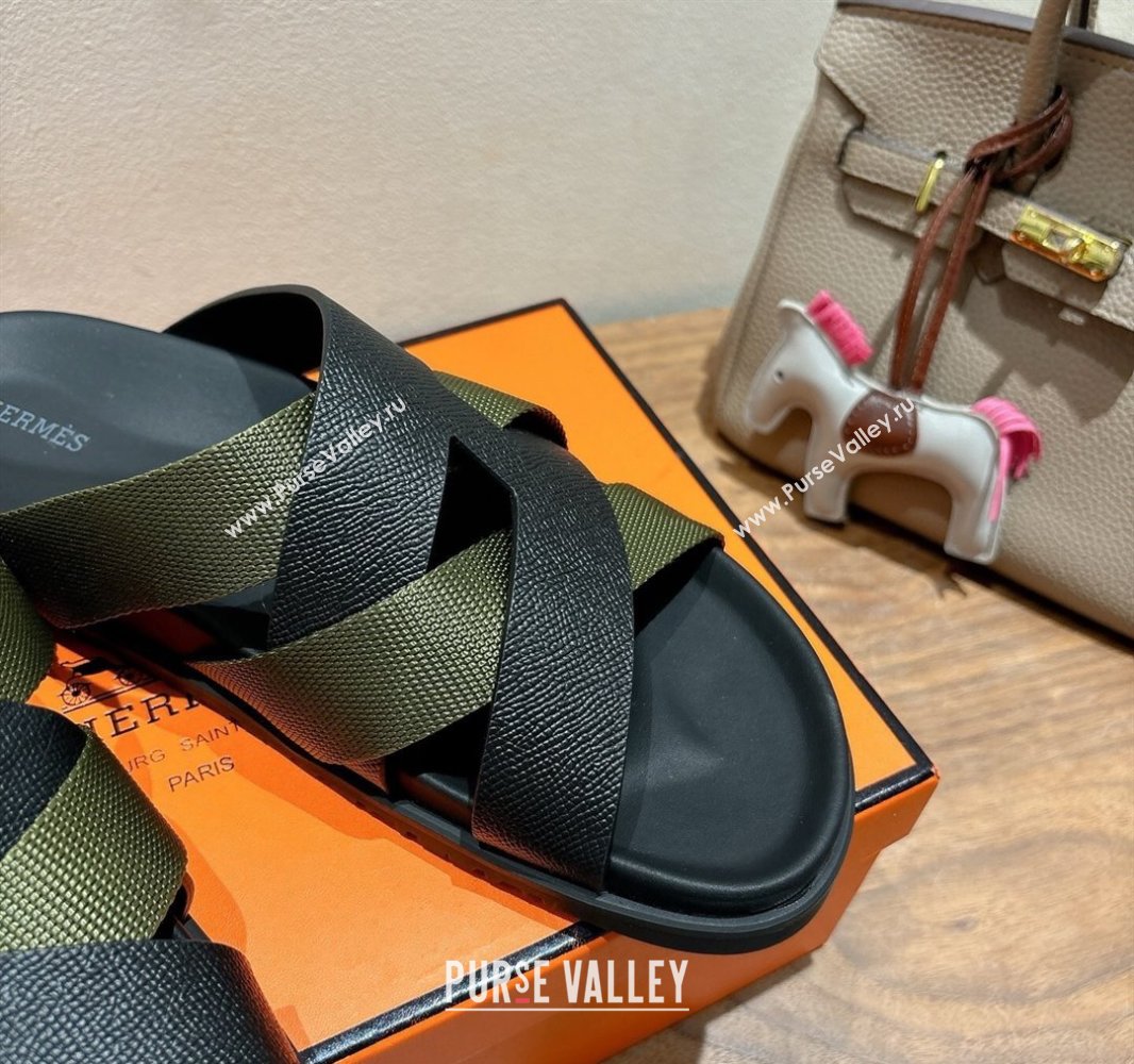 Hermes Kazimir Flat Slides Sandal in Woven Ribbon and Epsom Calfskin Black/Green 2025 0419 (XC-250419067)