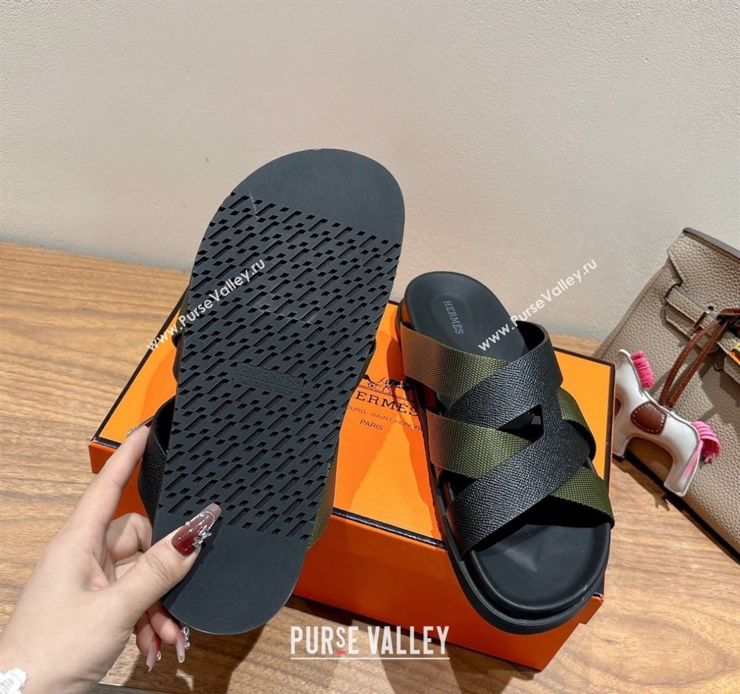 Hermes Kazimir Flat Slides Sandal in Woven Ribbon and Epsom Calfskin Black/Green 2025 0419 (XC-250419067)
