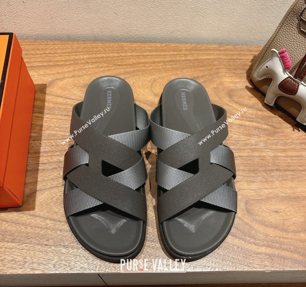 Hermes Kazimir Flat Slides Sandal in Woven Ribbon and Epsom Calfskin Dark Grey 2025 0419 (XC-250419078)