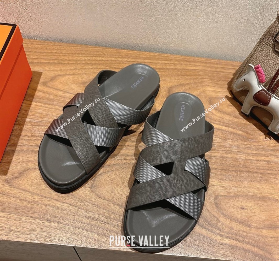 Hermes Kazimir Flat Slides Sandal in Woven Ribbon and Epsom Calfskin Dark Grey 2025 0419 (XC-250419078)