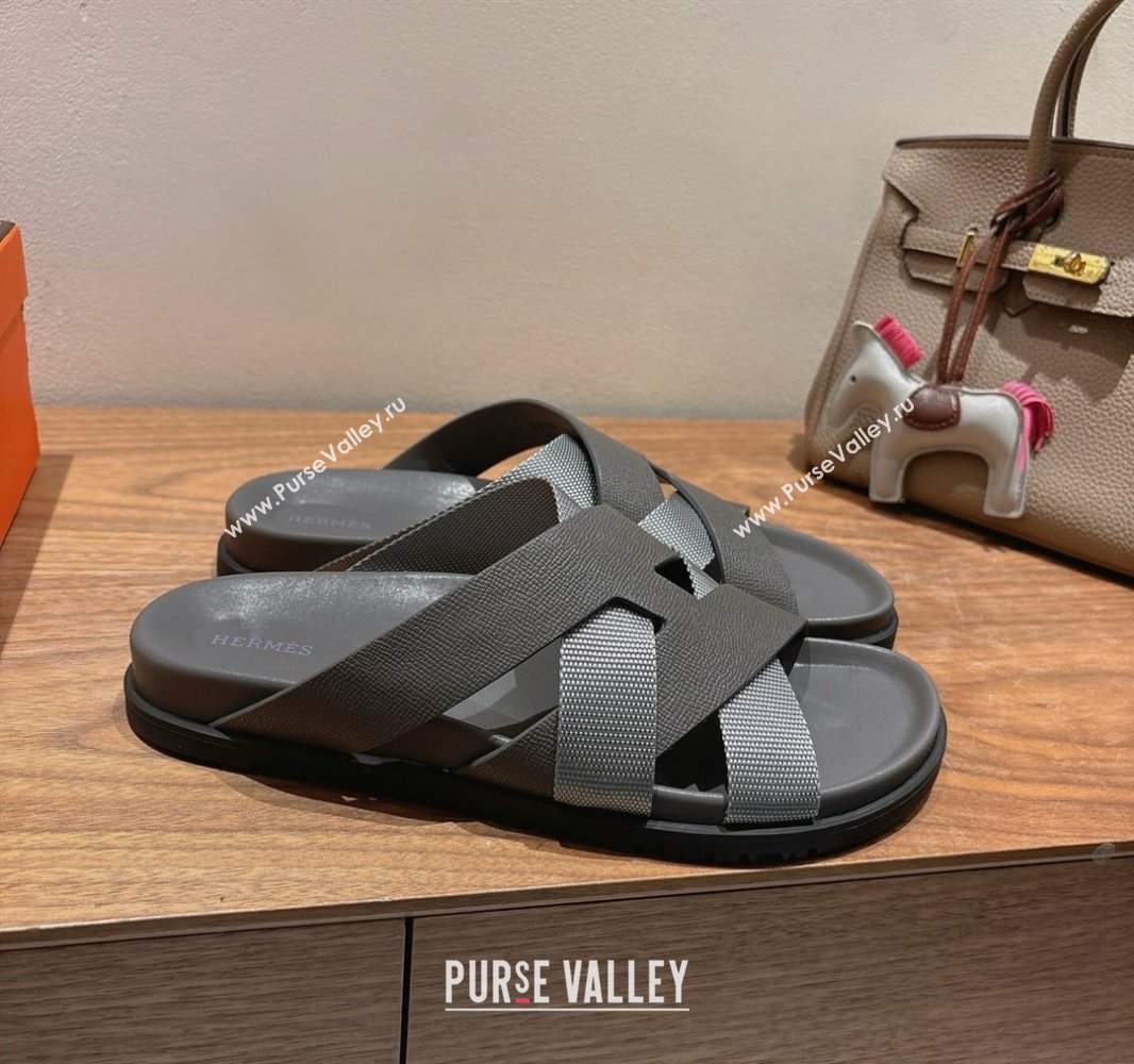 Hermes Kazimir Flat Slides Sandal in Woven Ribbon and Epsom Calfskin Dark Grey 2025 0419 (XC-250419078)