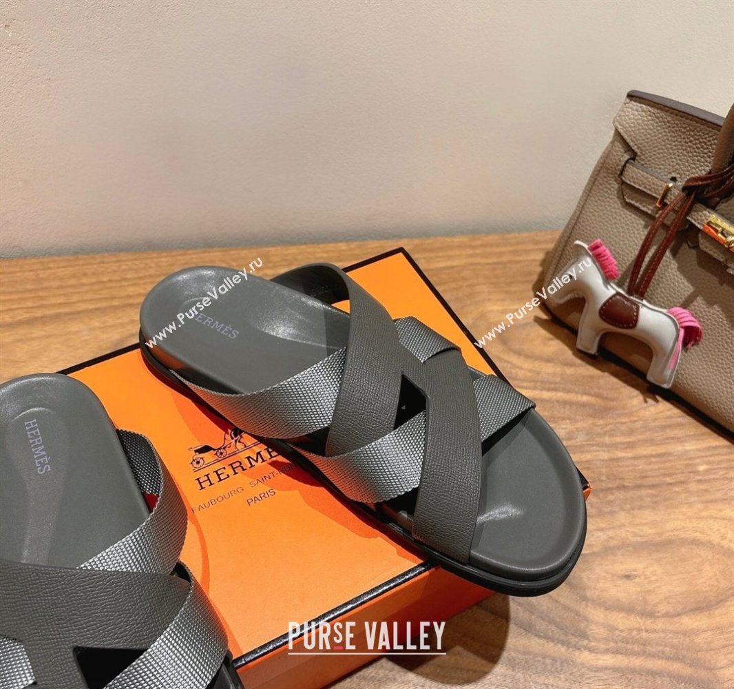 Hermes Kazimir Flat Slides Sandal in Woven Ribbon and Epsom Calfskin Dark Grey 2025 0419 (XC-250419078)