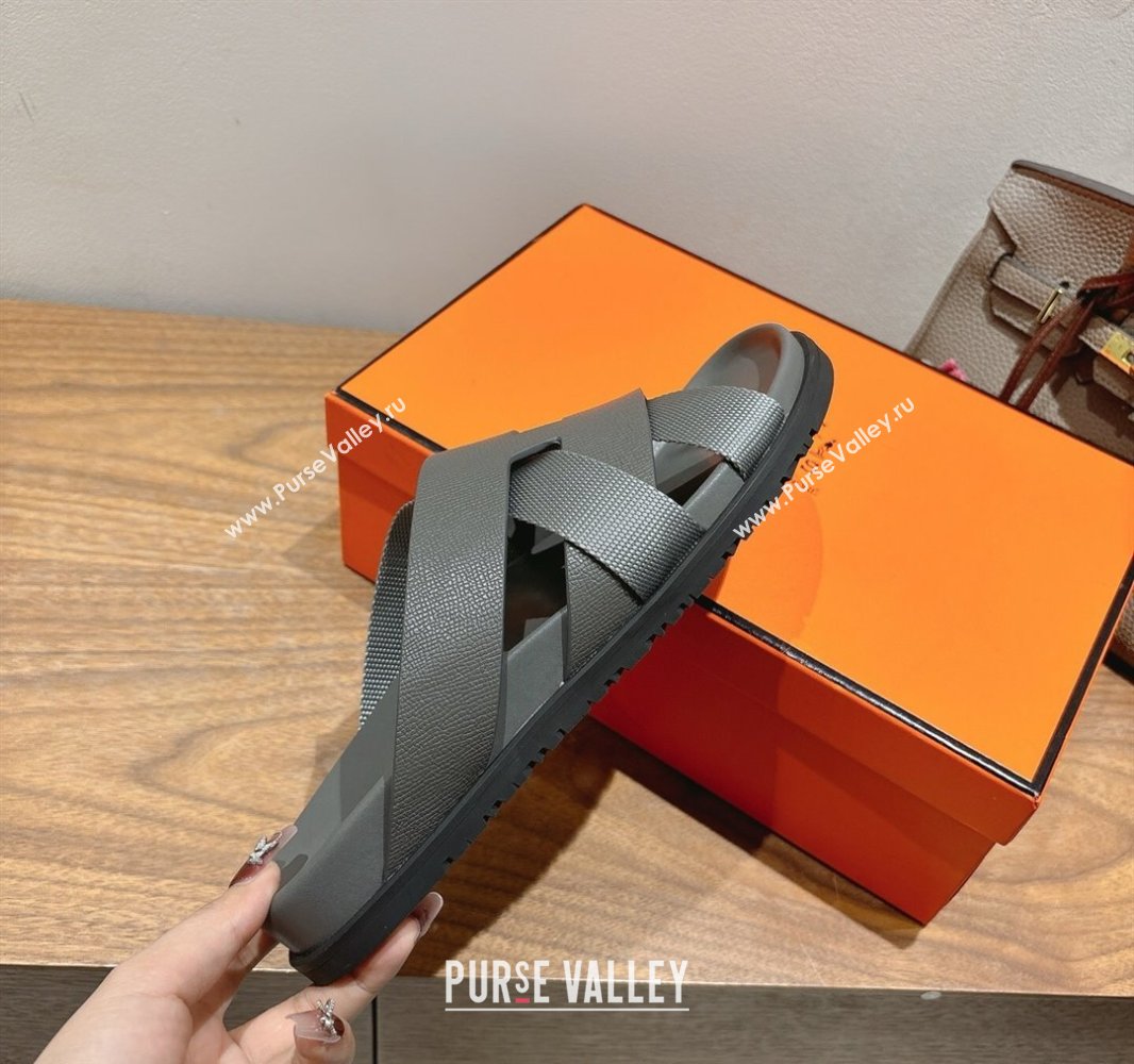 Hermes Kazimir Flat Slides Sandal in Woven Ribbon and Epsom Calfskin Dark Grey 2025 0419 (XC-250419078)