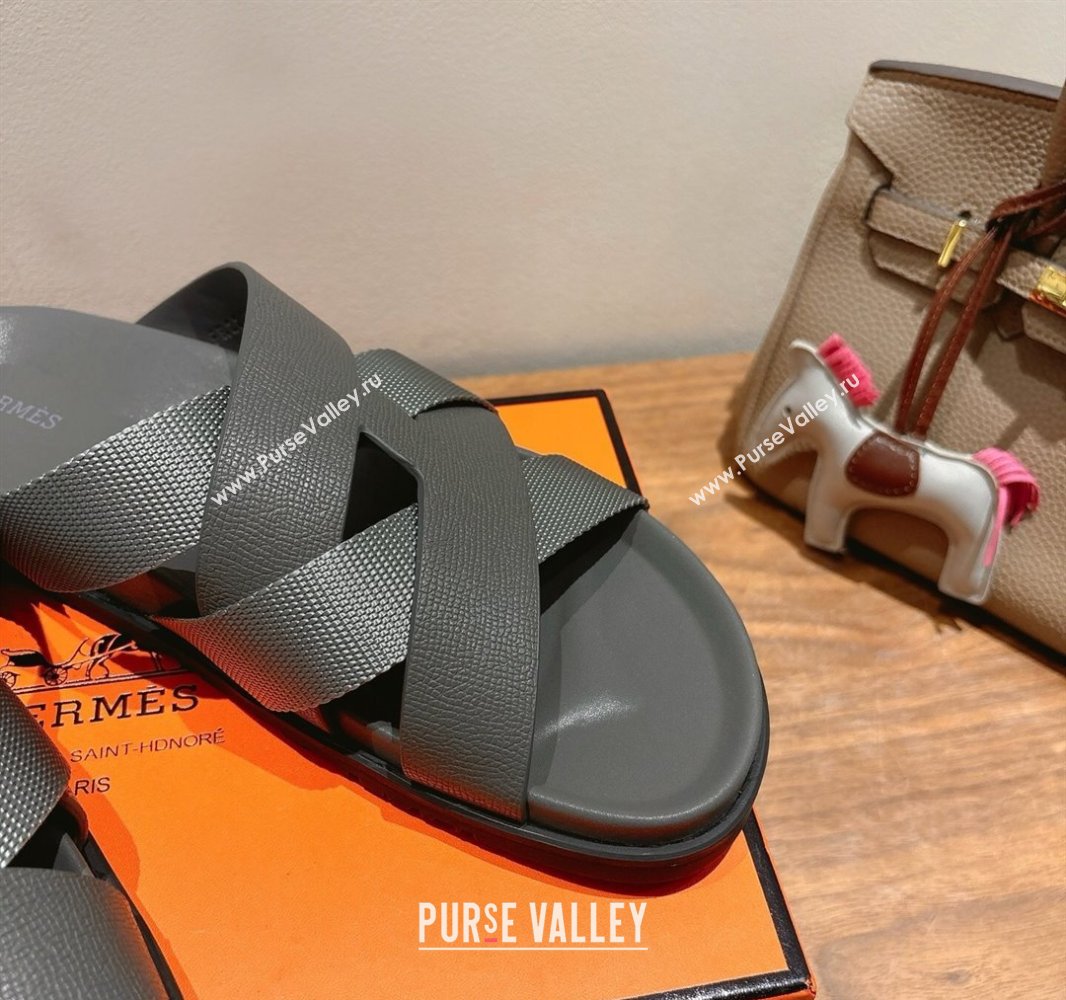 Hermes Kazimir Flat Slides Sandal in Woven Ribbon and Epsom Calfskin Dark Grey 2025 0419 (XC-250419078)