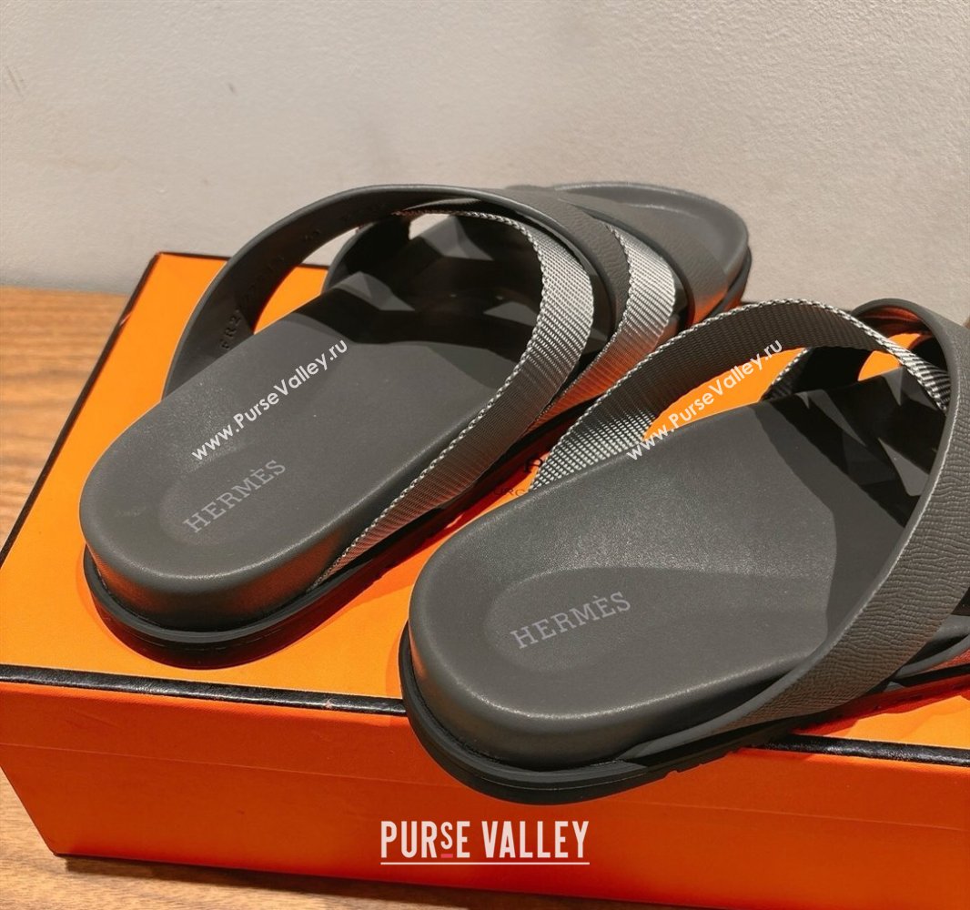 Hermes Kazimir Flat Slides Sandal in Woven Ribbon and Epsom Calfskin Dark Grey 2025 0419 (XC-250419078)