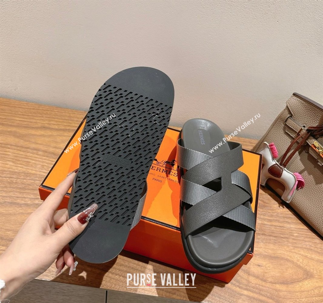 Hermes Kazimir Flat Slides Sandal in Woven Ribbon and Epsom Calfskin Dark Grey 2025 0419 (XC-250419078)