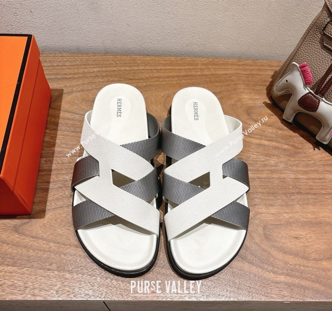 Hermes Kazimir Flat Slides Sandal in Woven Ribbon and Calfskin Leather White/Grey 2025 0419 (XC-250419079)