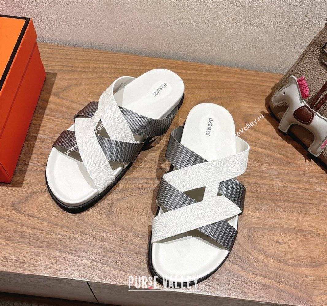 Hermes Kazimir Flat Slides Sandal in Woven Ribbon and Calfskin Leather White/Grey 2025 0419 (XC-250419079)