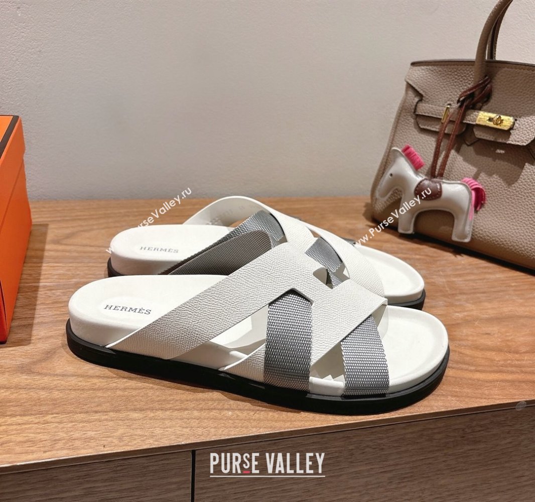 Hermes Kazimir Flat Slides Sandal in Woven Ribbon and Calfskin Leather White/Grey 2025 0419 (XC-250419079)