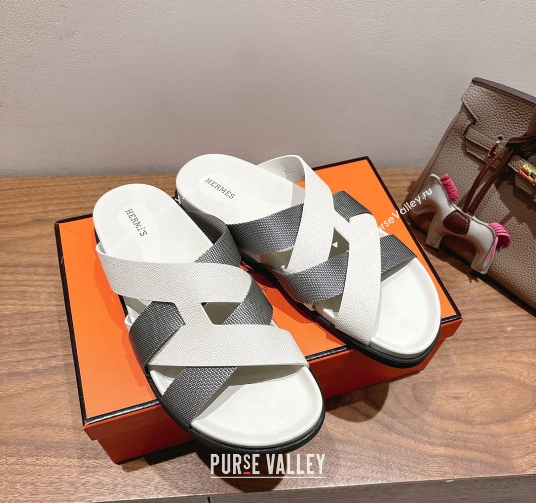 Hermes Kazimir Flat Slides Sandal in Woven Ribbon and Calfskin Leather White/Grey 2025 0419 (XC-250419079)