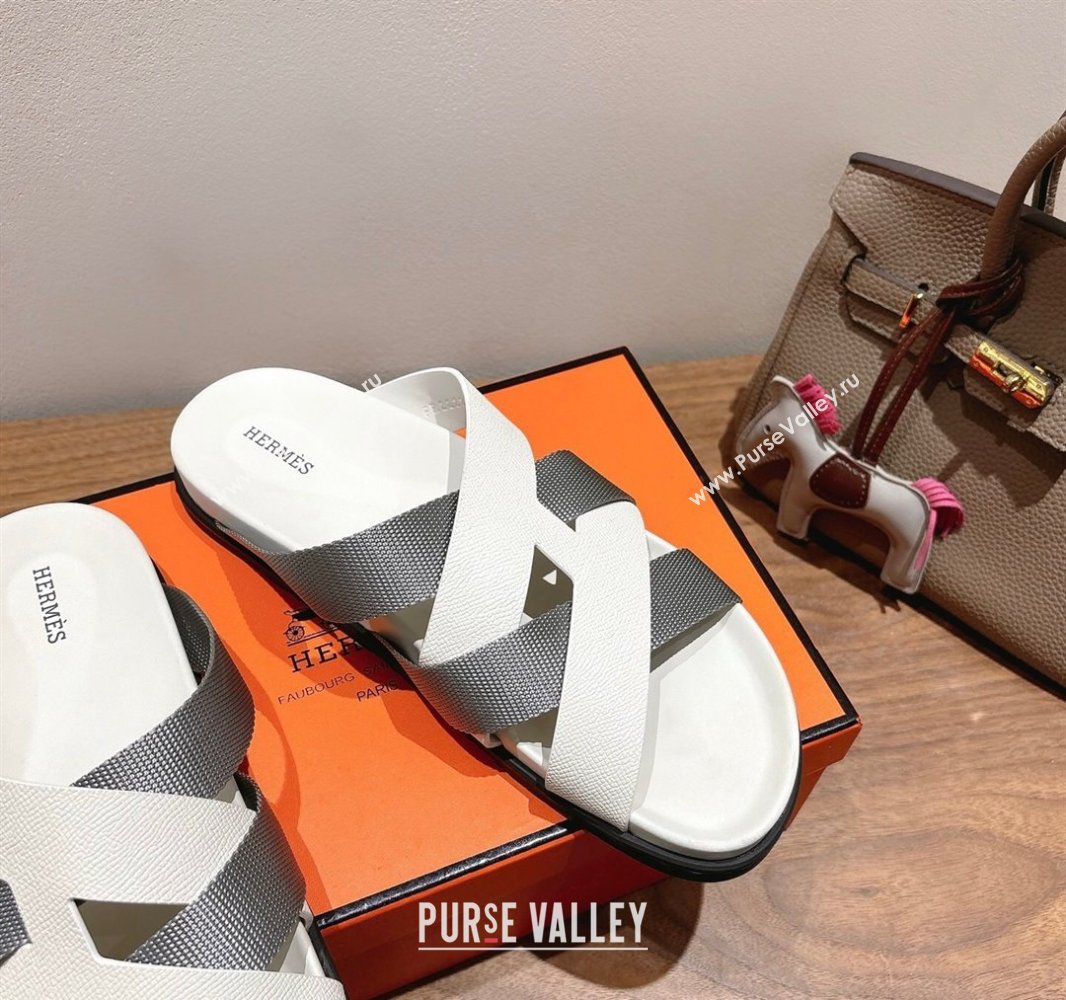 Hermes Kazimir Flat Slides Sandal in Woven Ribbon and Calfskin Leather White/Grey 2025 0419 (XC-250419079)