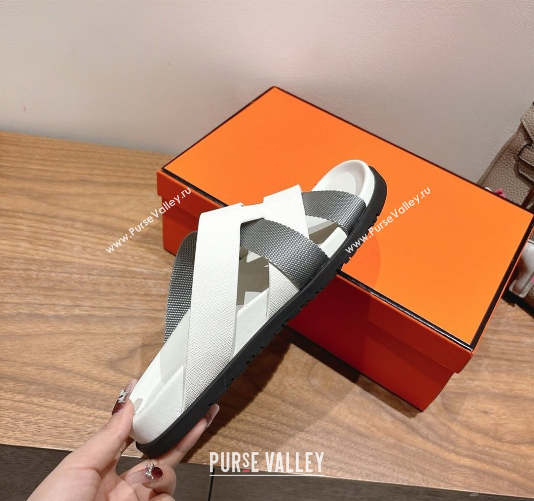 Hermes Kazimir Flat Slides Sandal in Woven Ribbon and Calfskin Leather White/Grey 2025 0419 (XC-250419079)