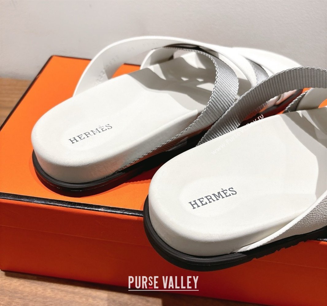 Hermes Kazimir Flat Slides Sandal in Woven Ribbon and Calfskin Leather White/Grey 2025 0419 (XC-250419079)