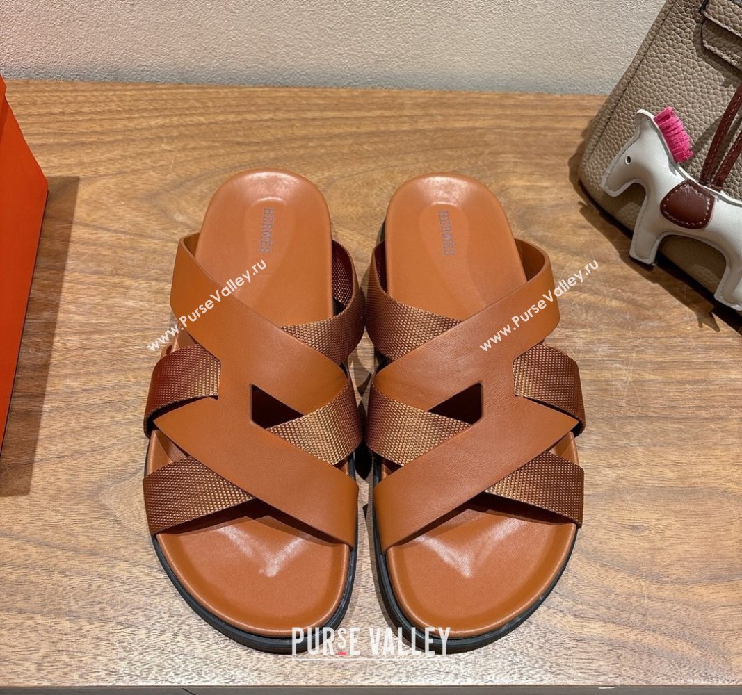 Hermes Kazimir Flat Slides Sandal in Woven Ribbon and Calfskin All Brown 2025 0419 (XC-250419080)